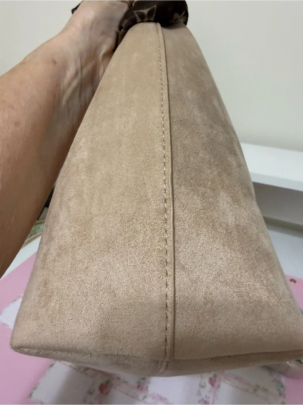 Suede Crescent Shoulder Bag in Beige